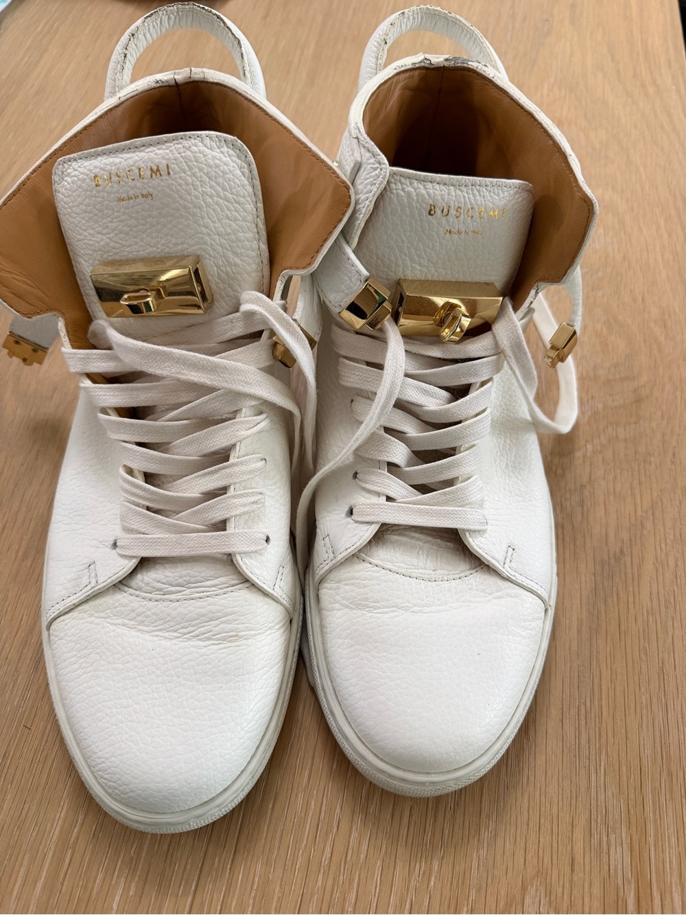 Buscemi White High-Top Sneakers with Gold Hardware